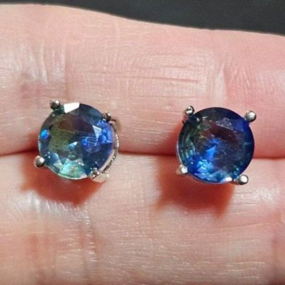 Silver tone blue green rhinestone earrings